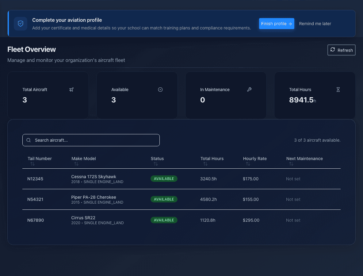 Aerial fleet dashboard with aircraft cards